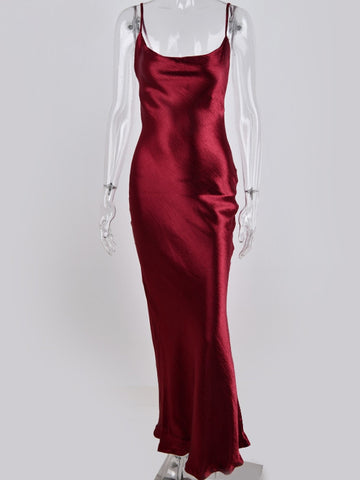 Women Satin Lace Up Trumpet Long Dress