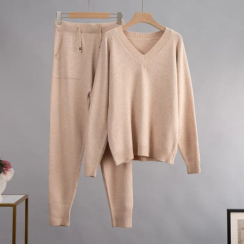 V Neck Solid Color Knitted Sweater Set