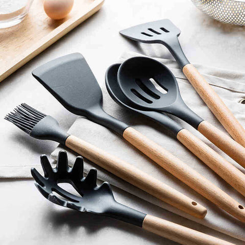 12Pcs Wooden Handle Silicone Kitchen Spoon
