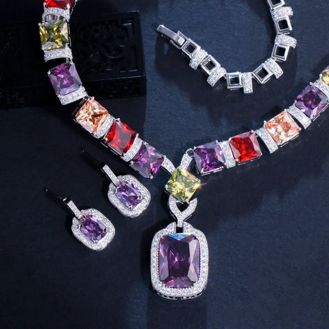 Trendy Colorful Lab Diamond Jewelry set White Gold Filled