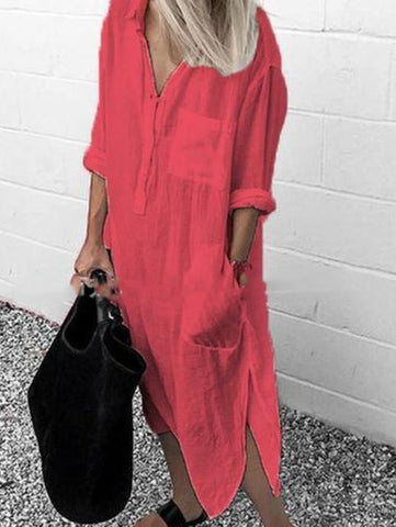 Women Casual Long Sleeve Side Split Button Dresses