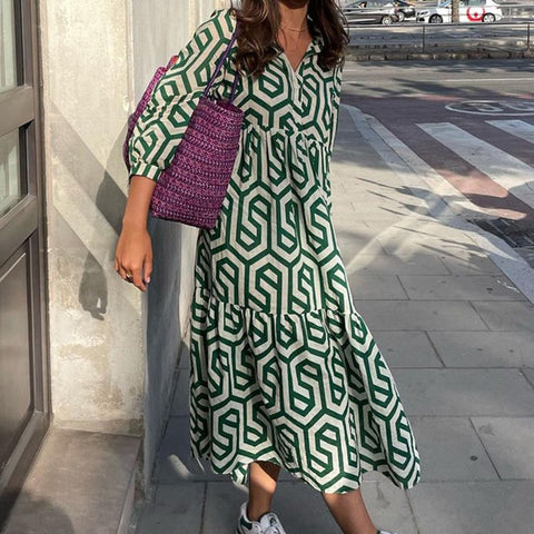 Women Casual Vintage Geometric V Neck Dresses