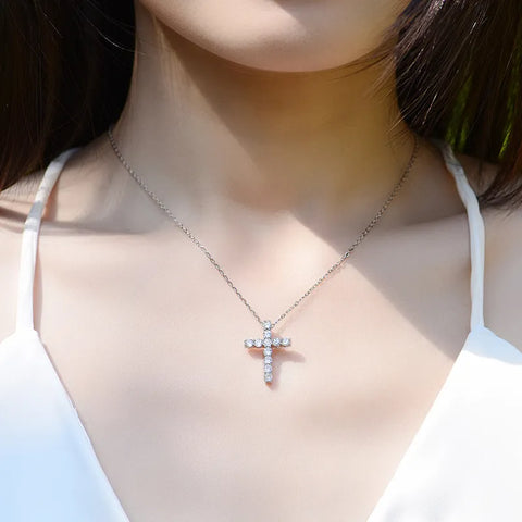 Full Moissanite Cross Pendant Necklace Original 925 Sterling Sliver Chain Plated 18k White Gold Fine