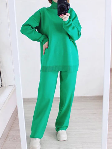 2 Pieces Women Sets Knitted Tracksuit Turtleneck Sweater and Straight Jogging Pants Suits