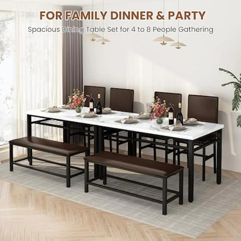 Kitchen Table and 2 Chairs for 4 with Bench,Faux Mable Dining Table Set for 4 w/Storage Rack,
