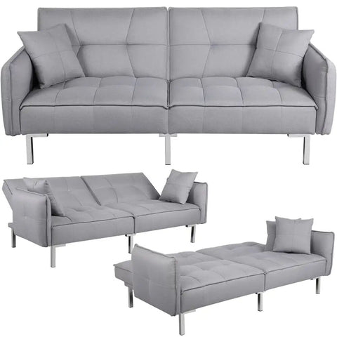 Fabric Covered Futon Sofa Bed with Adjustable Backrest, Gray