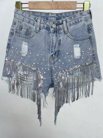 Elegant Shorts Lady Tassel Beading High Waist Wide Leg Denim