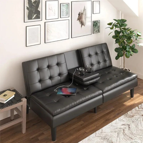 Mainstays Memory Foam Futon with Cupholders and USB, Black Faux Leather