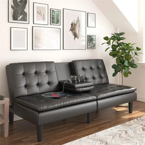 Mainstays Memory Foam Futon with Cupholders and USB, Black Faux Leather