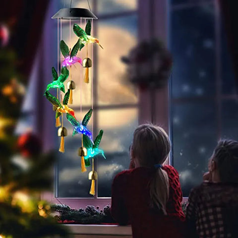 LED Colorful Solar Power Wind Chime Crystal Hummingbird