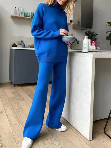 2 Pieces Women Sets Knitted Tracksuit Turtleneck Sweater and Straight Jogging Pants Suits