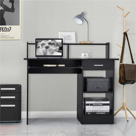 Wooden Home Office Computer Desk with Drawers and Keyboard Tray, White