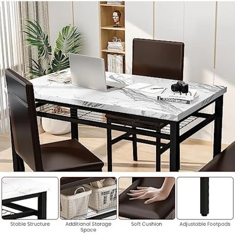 Kitchen Table and 2 Chairs for 4 with Bench,Faux Mable Dining Table Set for 4 w/Storage Rack,