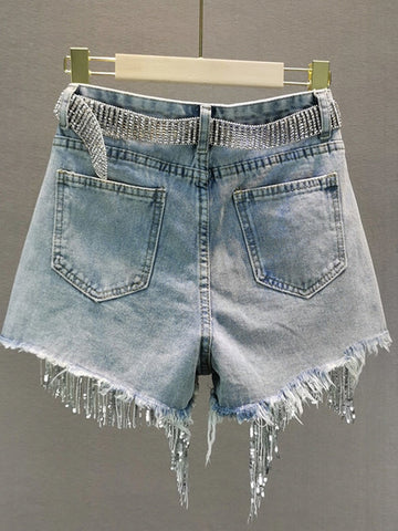 Elegant Shorts Lady Tassel Beading High Waist Wide Leg Denim