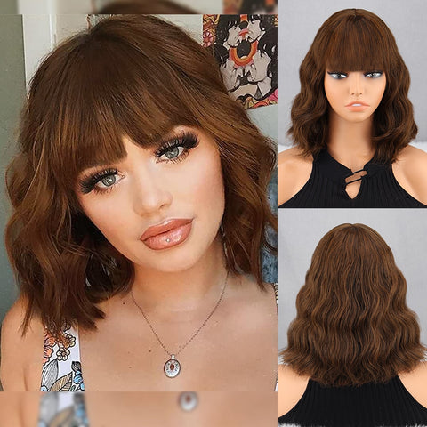 Short Bob Brown Dark Blue Synthetic Wig Hair