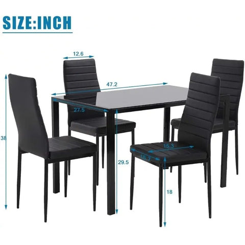 5 Piece Dining Table Set for 4 Glass Dining Table and 4 Chairs Black