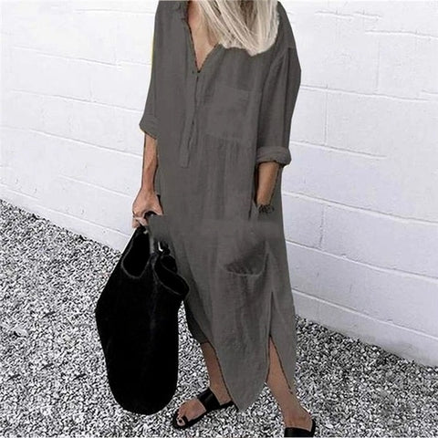 Women Casual Long Sleeve Side Split Button Dresses