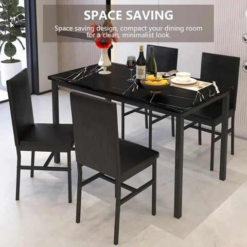 5 Piece Dining Table Set Modern Faux Marble Tabletop & 4 PU Leather Upholstered Chairs Rectangle Kitchen Table and Chairs 4 Persons