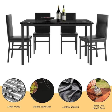 5 Piece Dining Table Set Modern Faux Marble Tabletop & 4 PU Leather Upholstered Chairs Rectangle Kitchen Table and Chairs 4 Persons