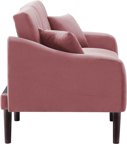 Convertible Sleeper Futon Sofa with 2 Pillows, Velvet Tufted Couch w/Metal Legs and Adjustable Backrest,Pink