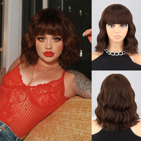 Short Bob Brown Dark Blue Synthetic Wig Hair