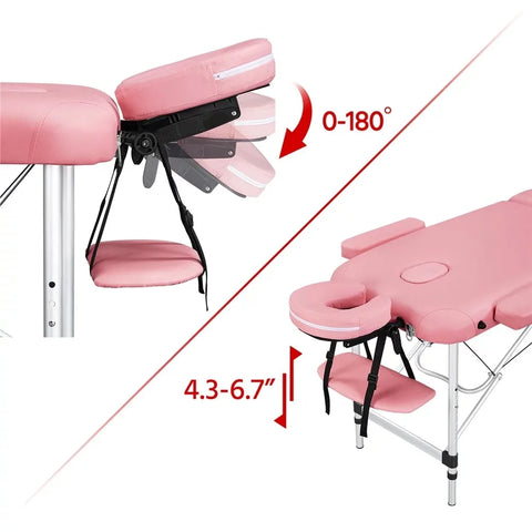 3-Fold Portable Aluminum Massage Table for Spa Treatments & Tattoos, 84", Pink