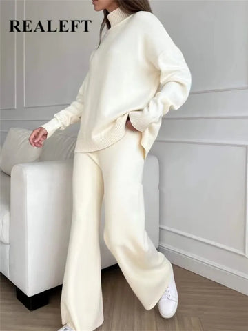 2 Pieces Women Sets Knitted Tracksuit Turtleneck Sweater and Straight Jogging Pants Suits