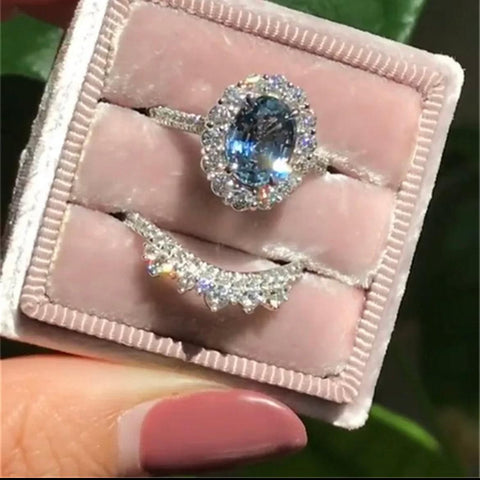 2pcs /set Fashion Oval Cut Natural Blue Crystal Engagement Rings Set