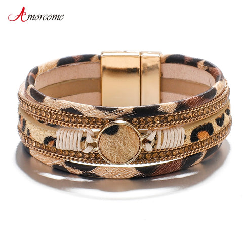 Bohemian Round Charm Leopard Leather Bracelets