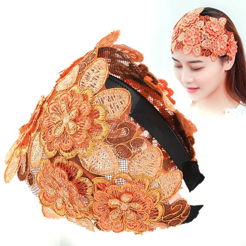 Women Embroidery Flower Wide Headbands