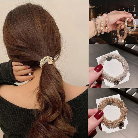 Women Elastic Crystal Pearl Hair Ring