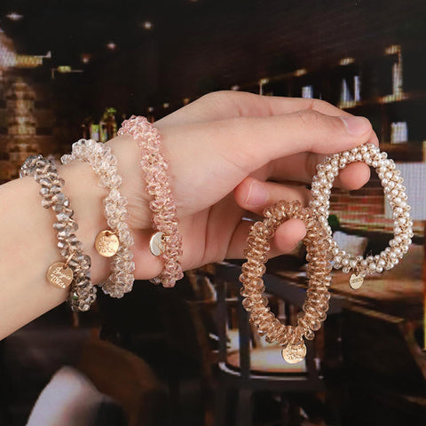 Women Elastic Crystal Pearl Hair Ring