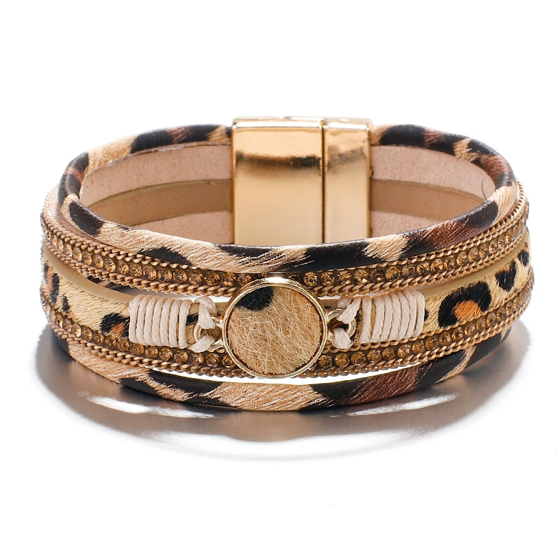 Bohemian Round Charm Leopard Leather Bracelets