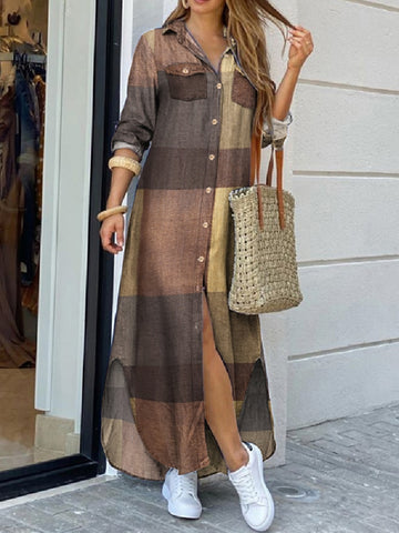 Women  Checked Plaid Robe Maxi Beach Dress