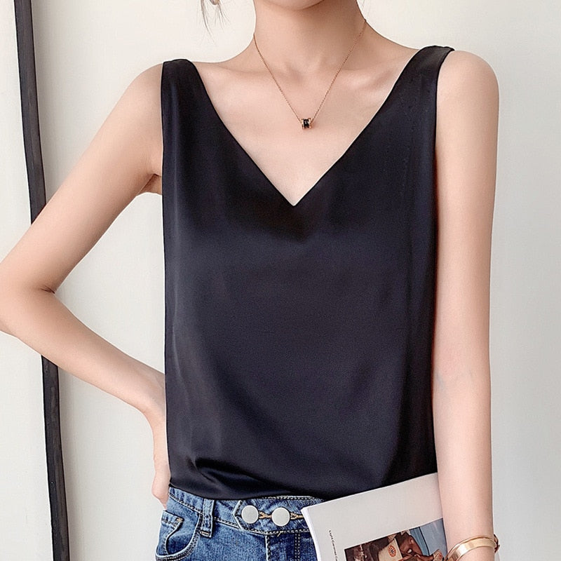 Women Sleeveless Satin Silk Tank Tops