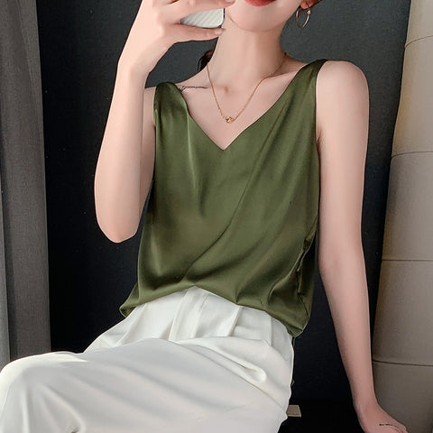 Women Sleeveless Satin Silk Tank Tops
