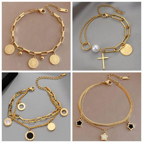 New Stainless Steel Layered Golden Pendant Bracelet