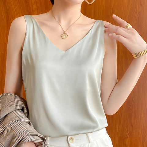 Women Sleeveless Satin Silk Tank Tops