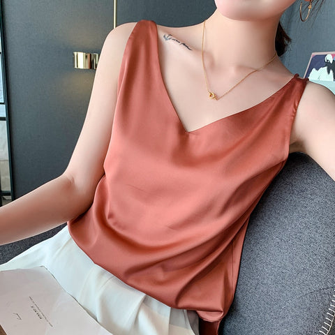 Women Sleeveless Satin Silk Tank Tops