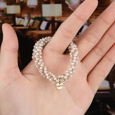 Women Elastic Crystal Pearl Hair Ring