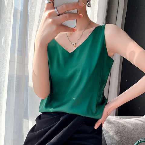Women Sleeveless Satin Silk Tank Tops