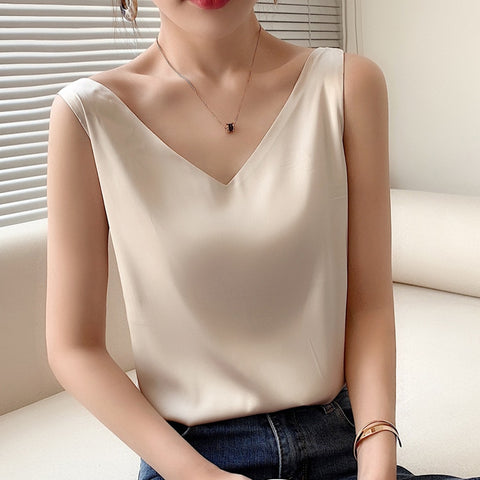 Women Sleeveless Satin Silk Tank Tops