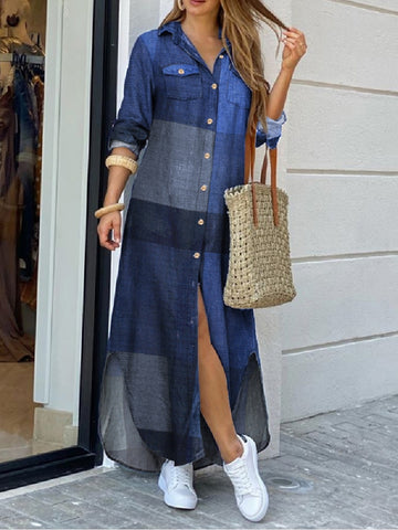 Women  Checked Plaid Robe Maxi Beach Dress
