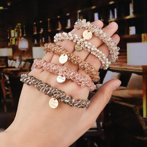 Women Elastic Crystal Pearl Hair Ring