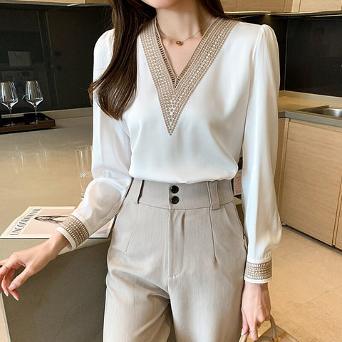 Women V-Neck Chiffon Blouse Shirt
