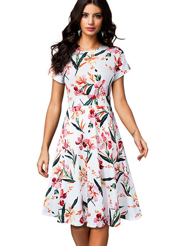 Women Floral Print Round Dress