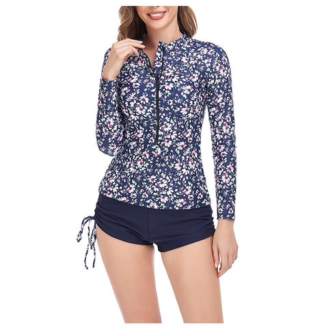 Women Long Sleeve Printed Split Swimsuit