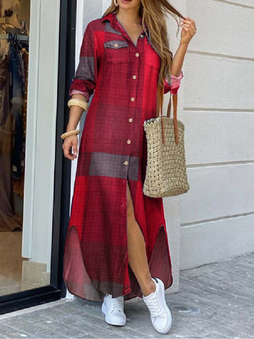 Women  Checked Plaid Robe Maxi Beach Dress