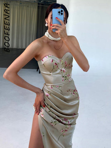 Sexy Tube Top Draped Split Long Dress