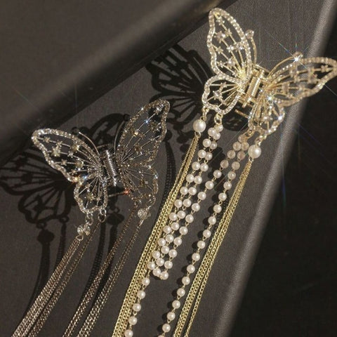 Women Butterfly  Pearl Tassel hair clip
